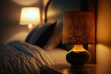 close-up of bedside lamp, with warm light shining on the bedroom, created with generative aiの素材