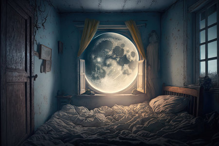 a bedroom, with a full moon shining through the window and onto the bed, created with generative aiの素材