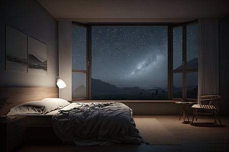 a bedroom, with a view of the stars and the night sky, providing a peaceful and tranquil escape, created with generative aiの素材