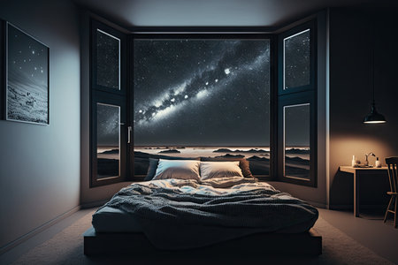 a bedroom, with a view of the stars and the night sky, providing a peaceful and tranquil escape, created with generative aiの素材