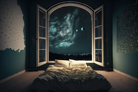 bedroom, with view of the moonlit night sky and stars, created with generative aiの素材