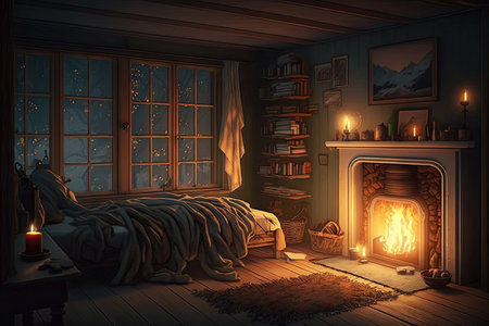 warm, cozy bedroom with fireplace and crackling fire on a cold winter night, created with generative aiの素材