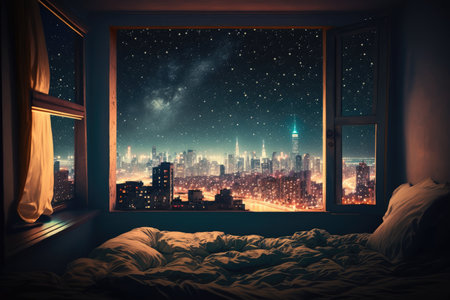 a bedroom with a view of the city skyline, with bright lights shining and stars twinkling in the night sky, created with generative aiの素材