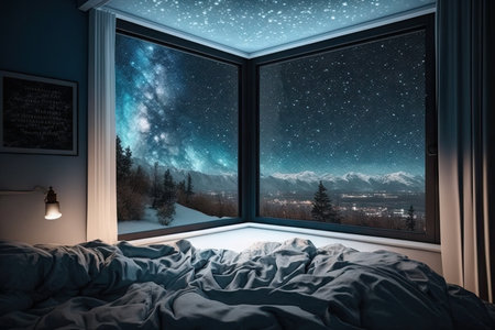 person, laying in bed, looking out of window at the starry night sky, created with generative aiの素材