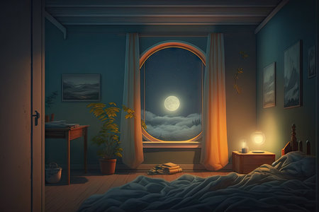 a bedroom, with the moon shining through the window, and a cozy nightlight providing a warm glow, created with generative aiの素材