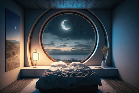 a bedroom with a view of the stars and moon, bringing peace and tranquility, created with generative aiの素材
