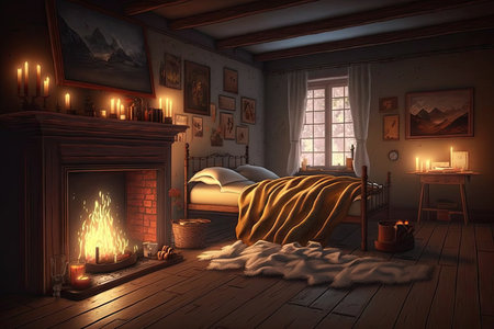 a cozy bedroom, with a warm fire in the fireplace and soft music playing, created with generative aiの素材