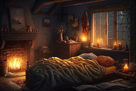 a warm, cozy bedroom with a crackling fire and soft music, created with generative aiの素材