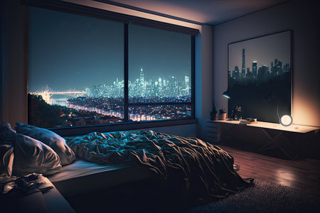 a bedroom with a view of the city at night, shining with lights and activity, created with generative aiの素材