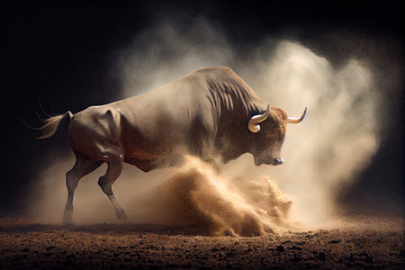 bull snorting and pawing the ground before charging, created with generative aiの素材