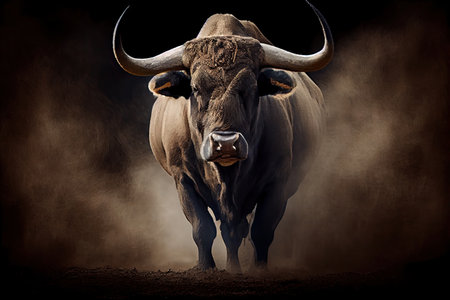 bull with its horns down, prepared for attack, created with generative aiの素材