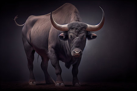 bull with its horns down, prepared for attack, created with generative aiの素材