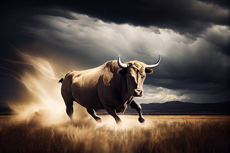 bull charging through field, with dramatic sky in the background, created with generative aiの素材