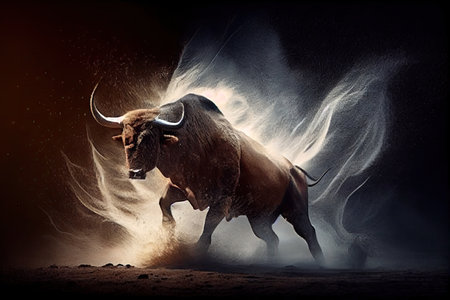 bull charging at bear, with its horns ready to strike, created with generative aiの素材