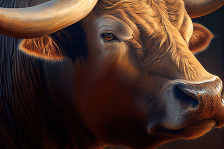 close-up of bulls head, showing its enormous power, created with generative aiの素材