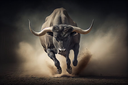 bull, charging with its horns down and ready to attack, created with generative aiの素材