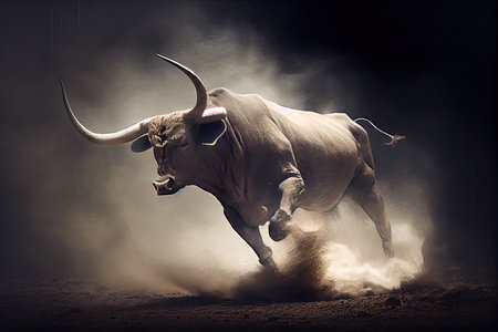 bull, charging with its horns down and ready to attack, created with generative aiの素材
