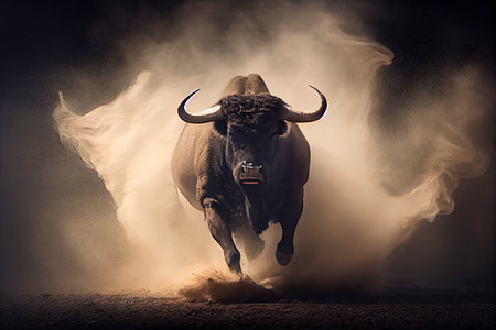 bull, charging ahead with horns down, ready to attack, created with generative aiの素材