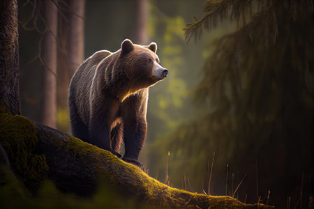 grizzly bear on lookout for potential prey in lush forest, created with generative aiの素材
