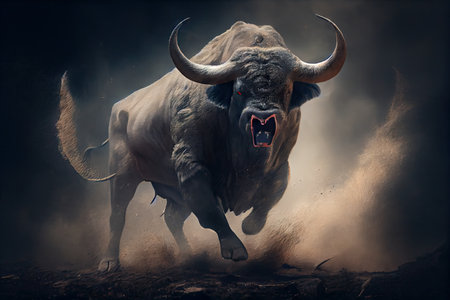 bull, roaring and pawing the ground, ready to charge, created with generative aiの素材