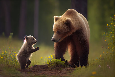 bear cub learning how to hunt from its mother, created with generative aiの素材