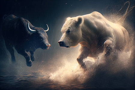 bull charging after bear, ready to attack, created with generative aiの素材