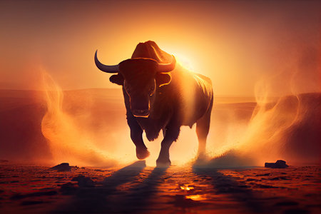 bull charging at bear, with the sun setting in the background, created with generative aiの素材