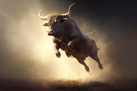 bull, soaring through the air, demonstrating power and strength, created with generative aiの素材