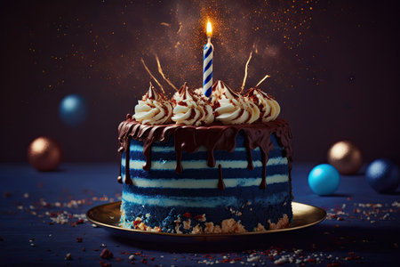 sweet delicious birthday cake with candles for party on dark blue background, created with generative aiの素材
