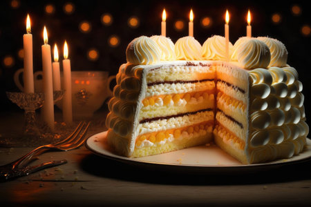 separated slices of delicious homemade birthday cake with candles for festive holiday, created with generative aiの素材