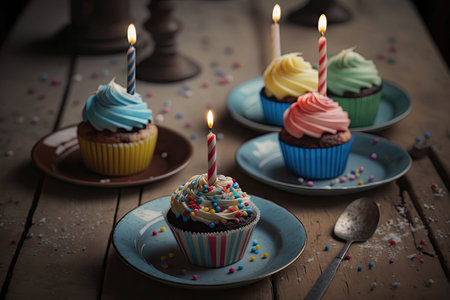 delightful multi-colored cupcakes on plates and candles for birthday cake in bakery, created with generative aiの素材