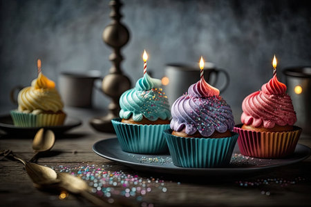 delightful multi-colored cupcakes on plates and candles for birthday cake in bakery, created with generative aiの素材