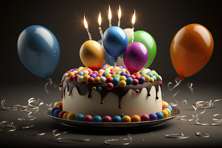 festive birthday cake with balloons and candles for celebration, created with generative aiの素材