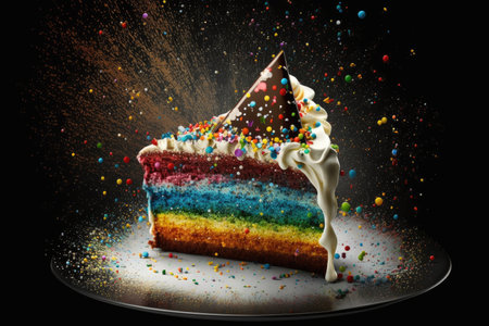 delicious hot birthday cake with multi-colored confetti for holiday, created with generative aiの素材