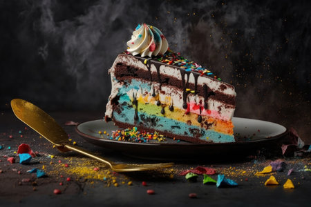 delicious hot birthday cake with multi-colored confetti for holiday, created with generative aiの素材