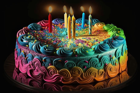 round multicolored birthday cake with burning candles for festive celebration, created with generative aiの素材