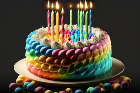 round multicolored birthday cake with burning candles for festive celebration, created with generative aiの素材