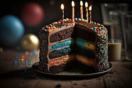 chocolate birthday cake with multi-colored frosting and candles for party, created with generative aiの素材