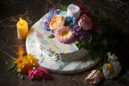 delightful multi-colored round birthday cake with candles and bouquet of flowers on marble table, created with generative aiの素材