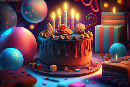 frosting with candles and presents on festive birthday cake, created with generative aiの素材