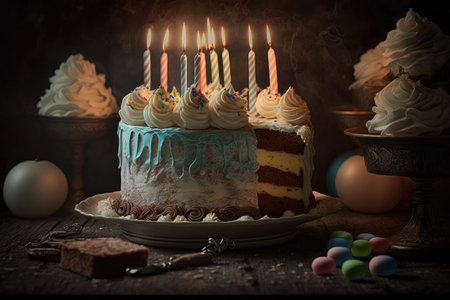 frosting with candles and presents on festive birthday cake, created with generative aiの素材