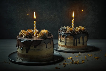 two delicious birthday cake with burning candles on dark grey background, created with generative aiの素材
