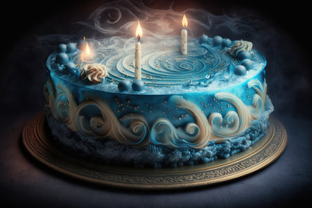 round two-layer blue birthday cake with decoration in form of candles and arc, created with generative aiの素材