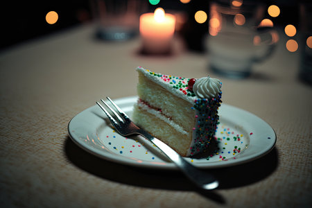 small piece of festive birthday cake on table, created with generative aiの素材