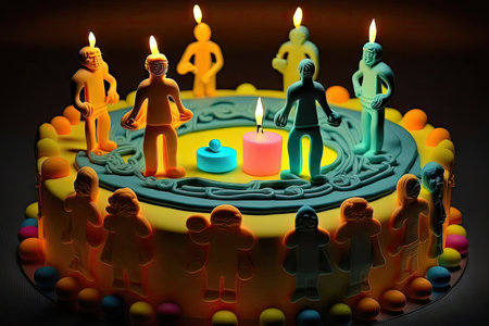 birthday cake with candles and decoration in form of figures for fun party, created with generative aiの素材