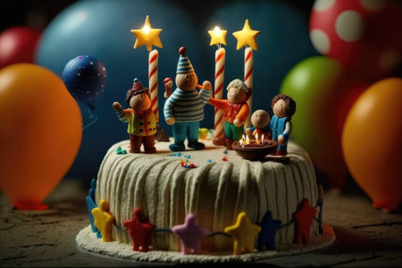 birthday cake with candles and decoration in form of figures for fun party, created with generative aiの素材