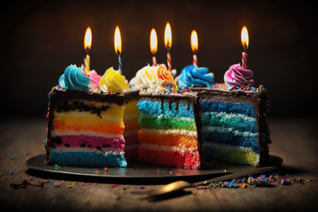 bright multi-colored candles on delicious homemade birthday cake, created with generative aiの素材