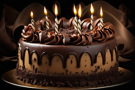 burning candles on festive birthday cake with chocolate cream, created with generative aiの素材