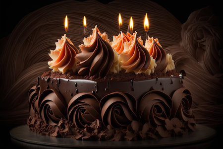 burning candles on festive birthday cake with chocolate cream, created with generative aiの素材
