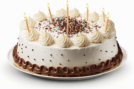 homemade birthday cake with candles isolated on white background, created with generative aiの素材